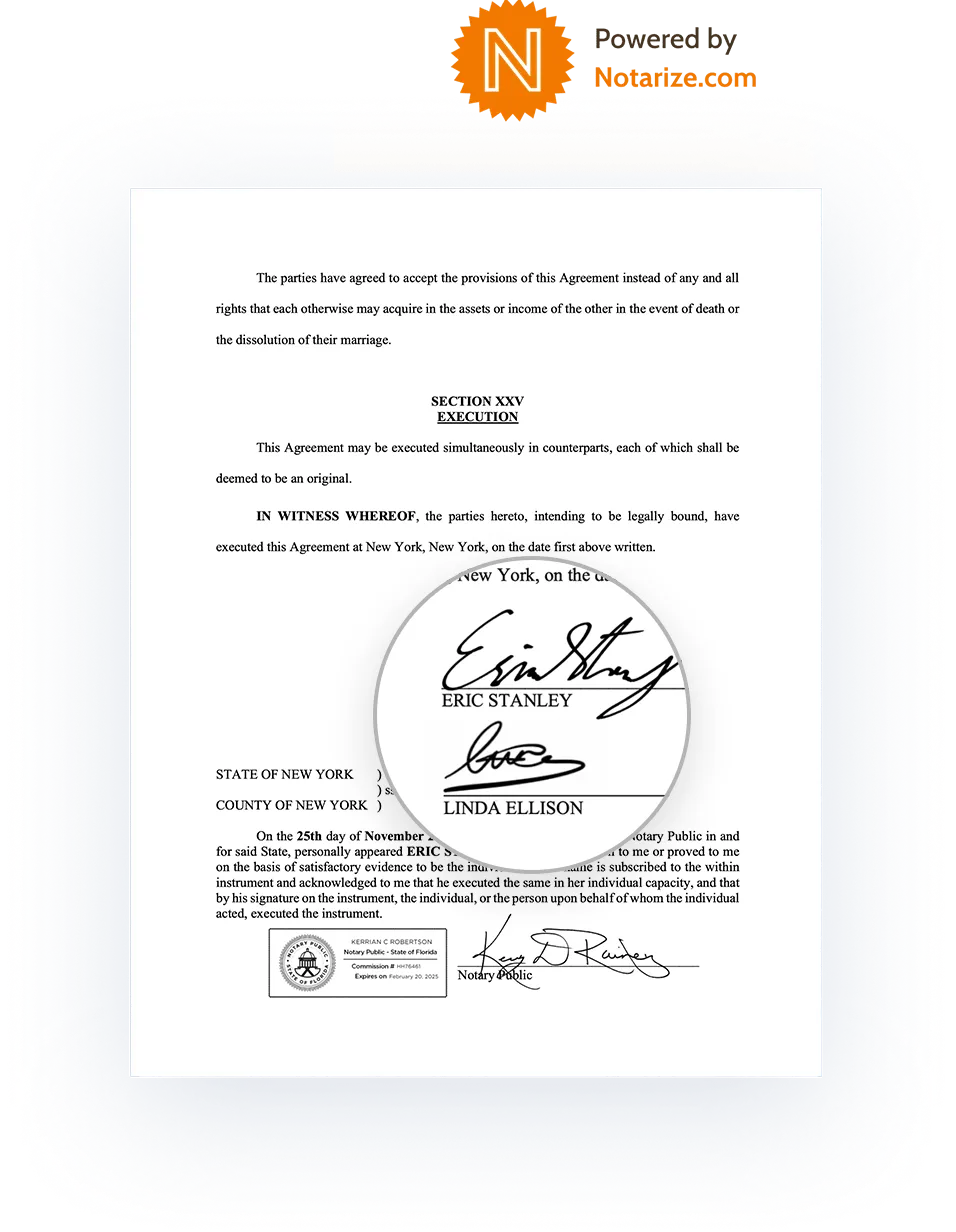 A prenuptial agreement signed and notarized online with Notarize.com
